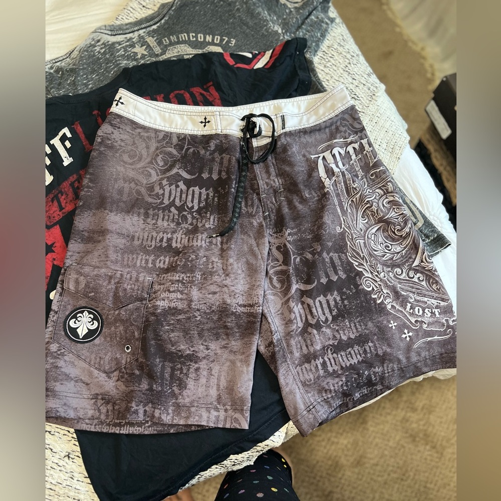 Mens Affliction Y2K tshirts and board shorts lot of 3